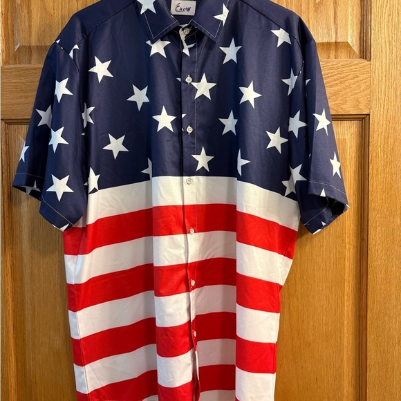 Euow American USA Flag Button Up Short Sleeve Hawaiian Shirt Men’s - Large L - Picture 1 of 4